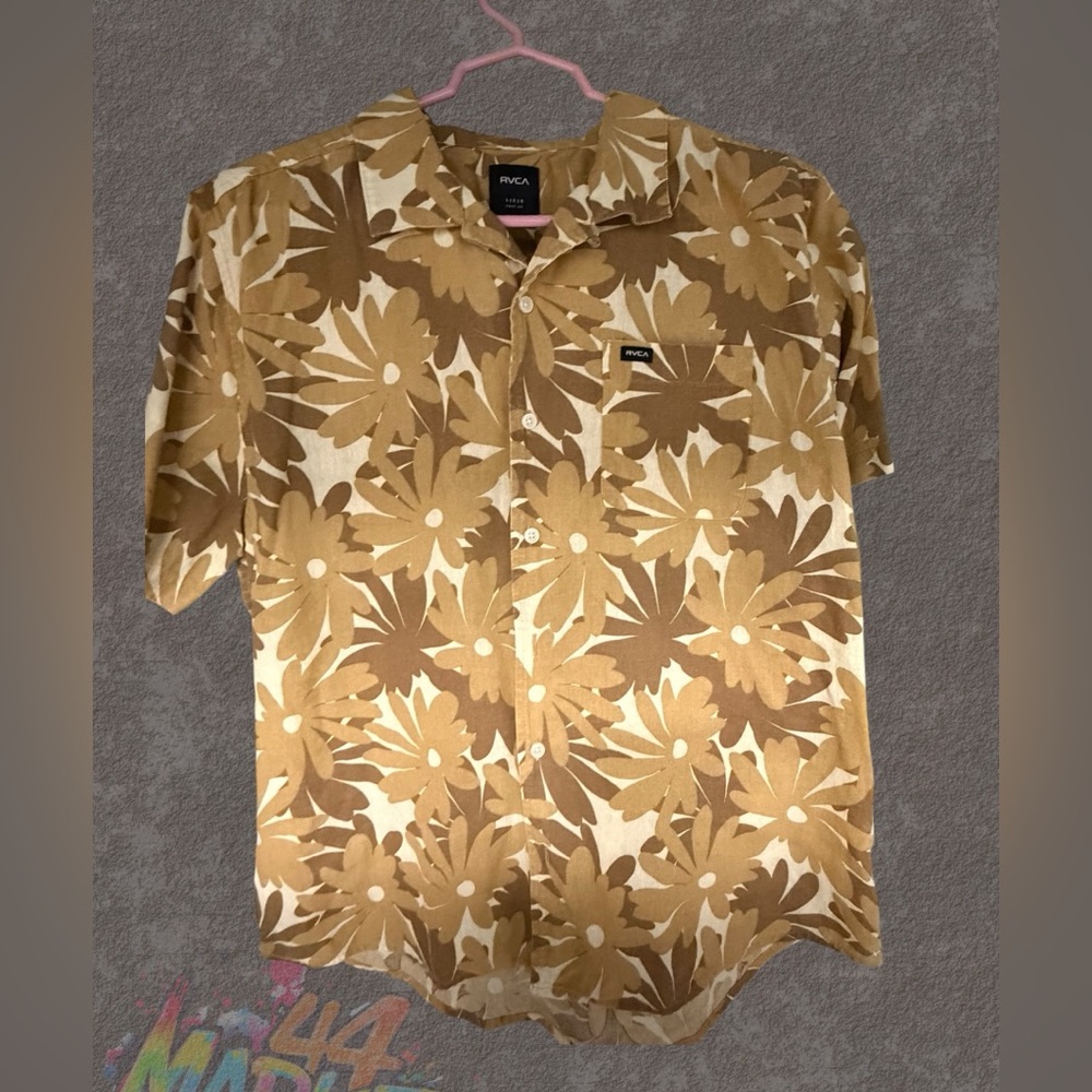 RVCA Men's Tan Floral Button Down Shirt